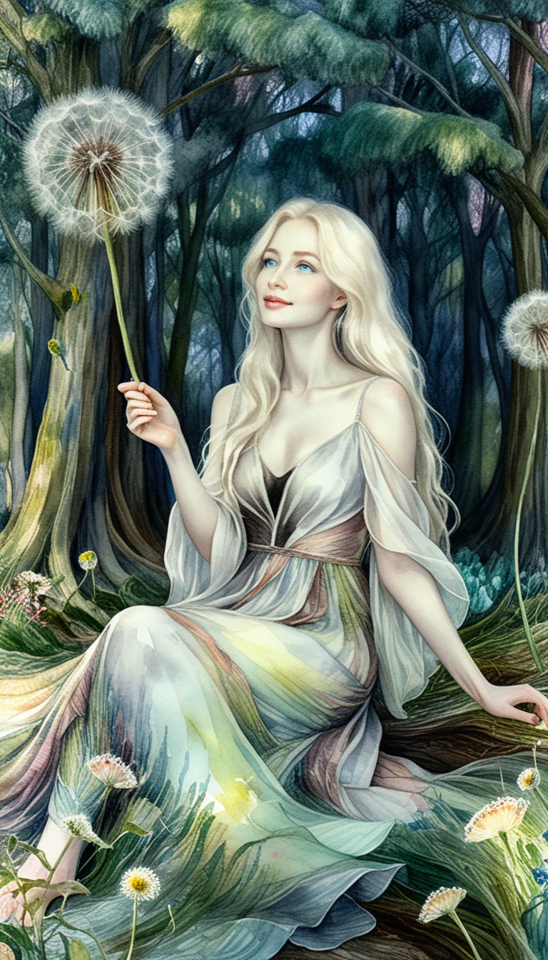 Woman beneath giant dandelion in dreamy green meadow