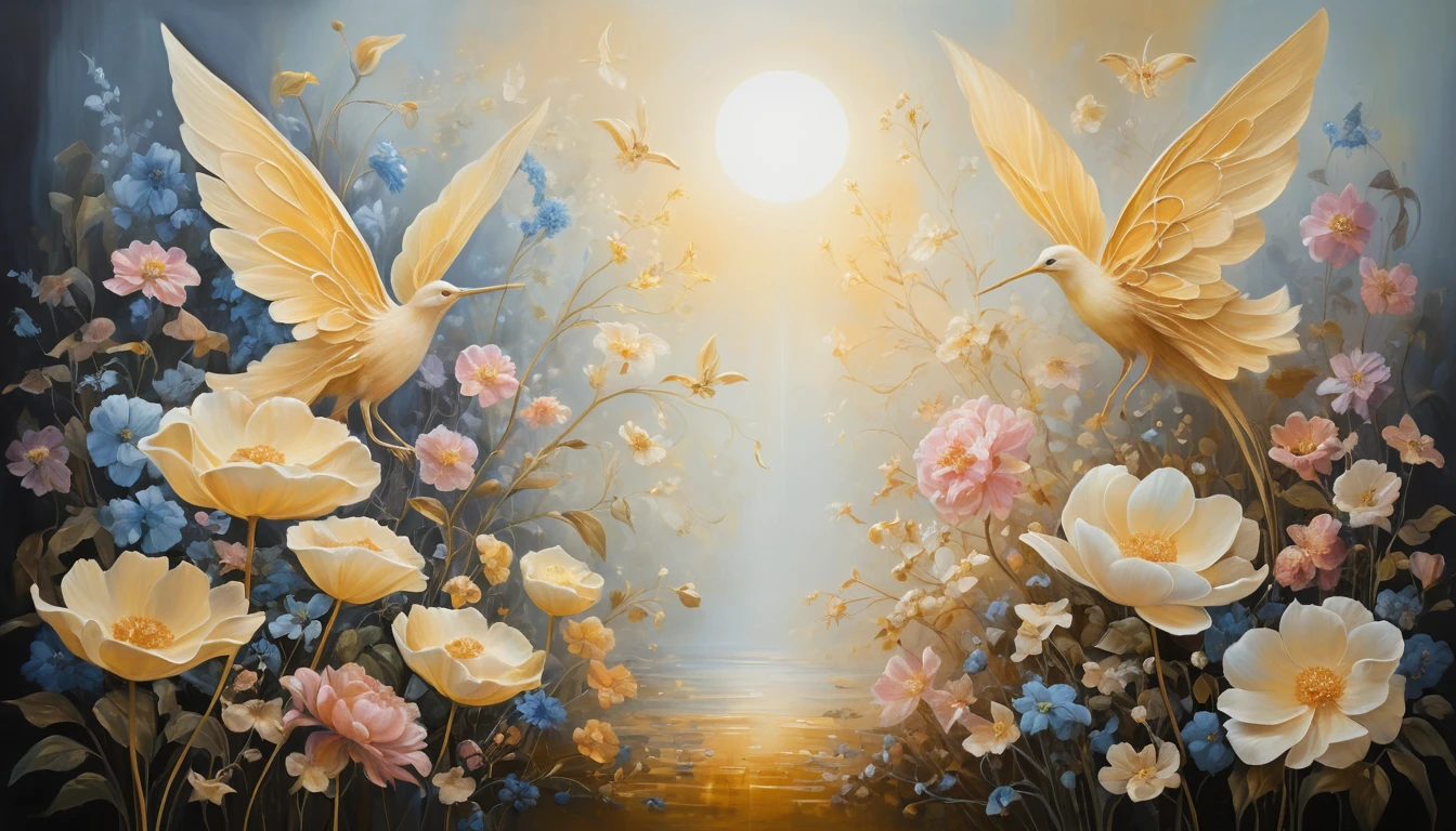 Flores Etéreas em um Luminoso Tríptico Dourado