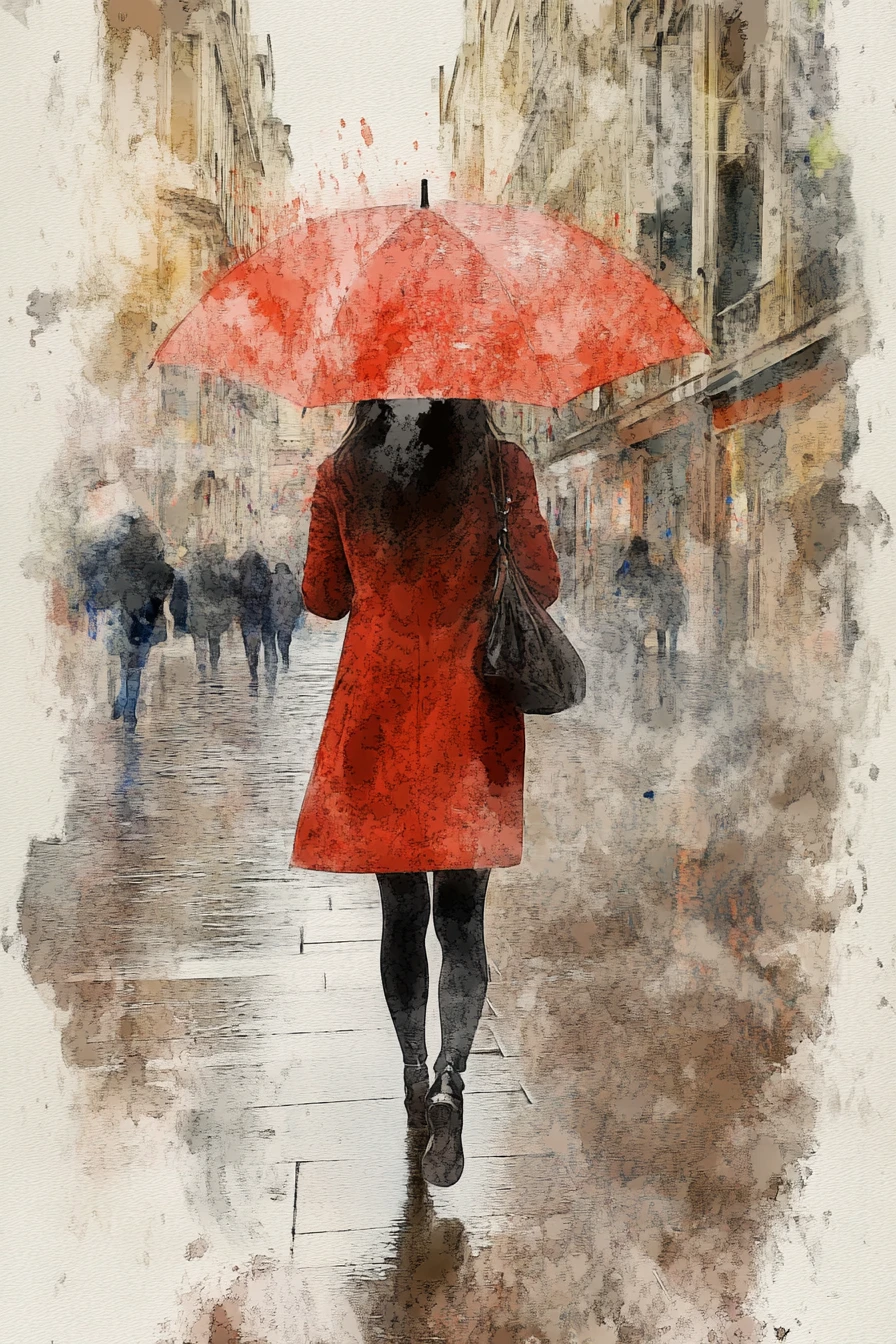 Aquarela de mulher correndo com guarda-chuva em rua de cidade chuvosa