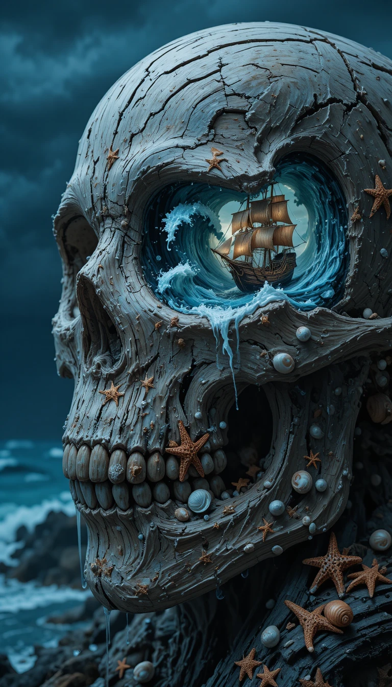 Caveira surreal de madeira à deriva com olhos de oceano tempestuoso e vida marinha