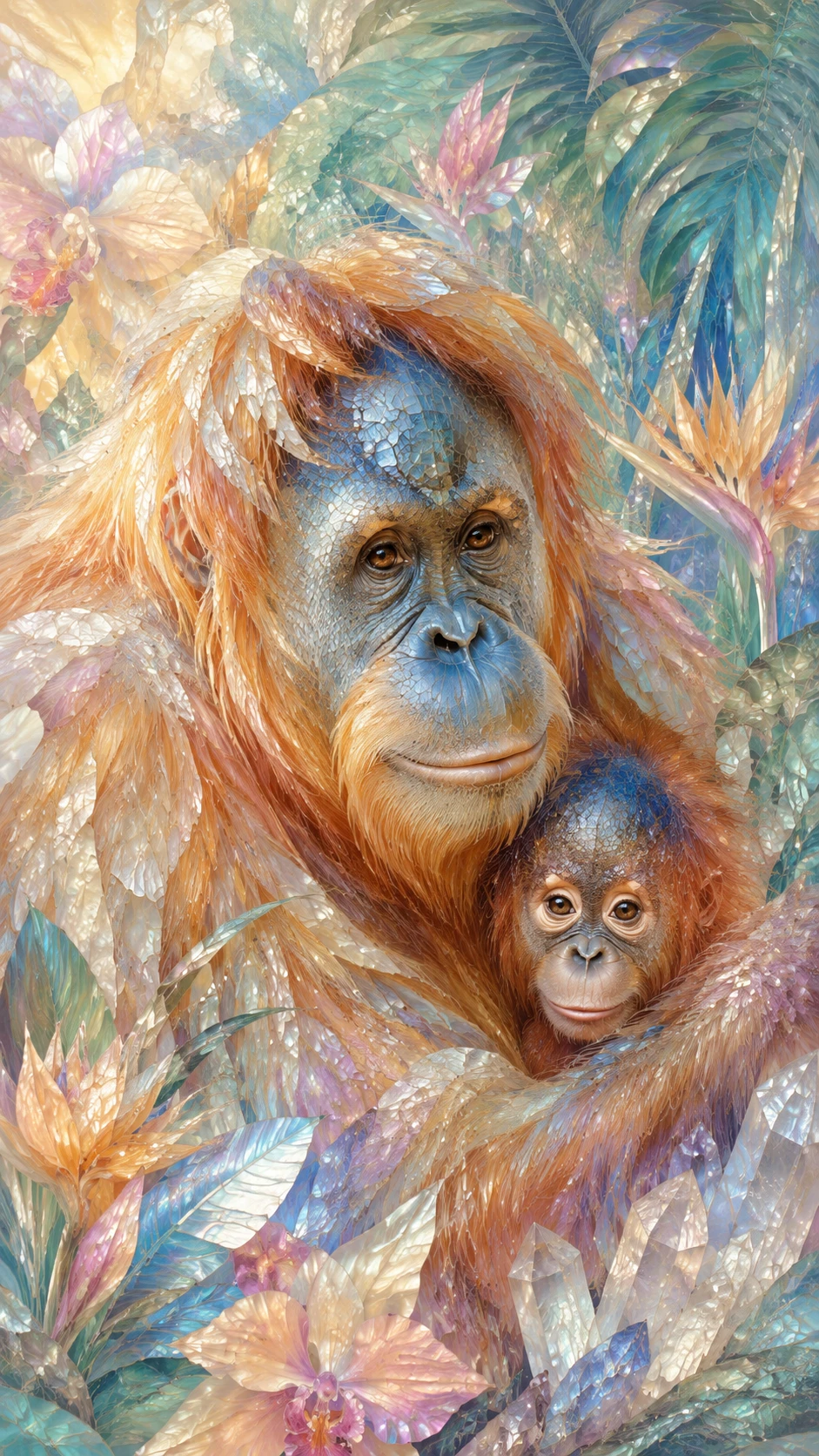 Mamma orangotango con cucciolo in una lussureggiante giungla tropicale