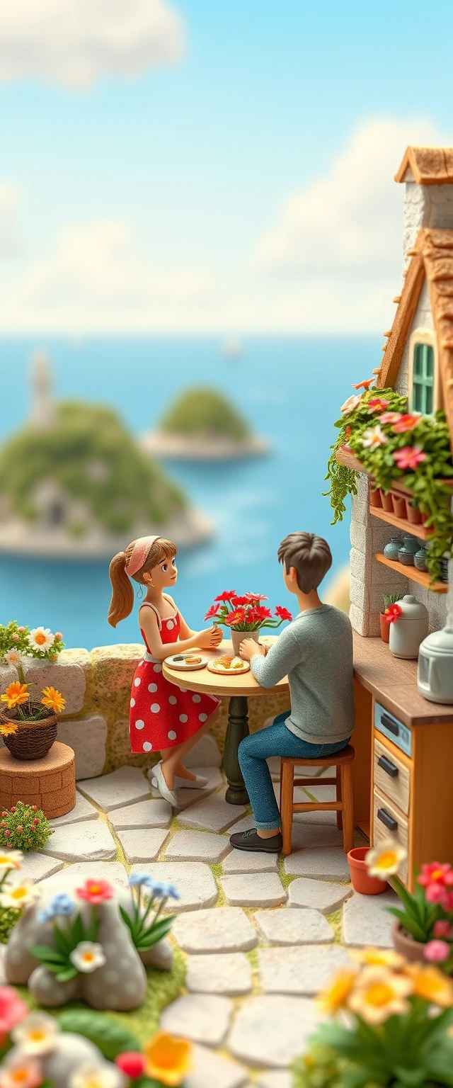 Casal em stop motion de massinha em uma simples cozinha francesa