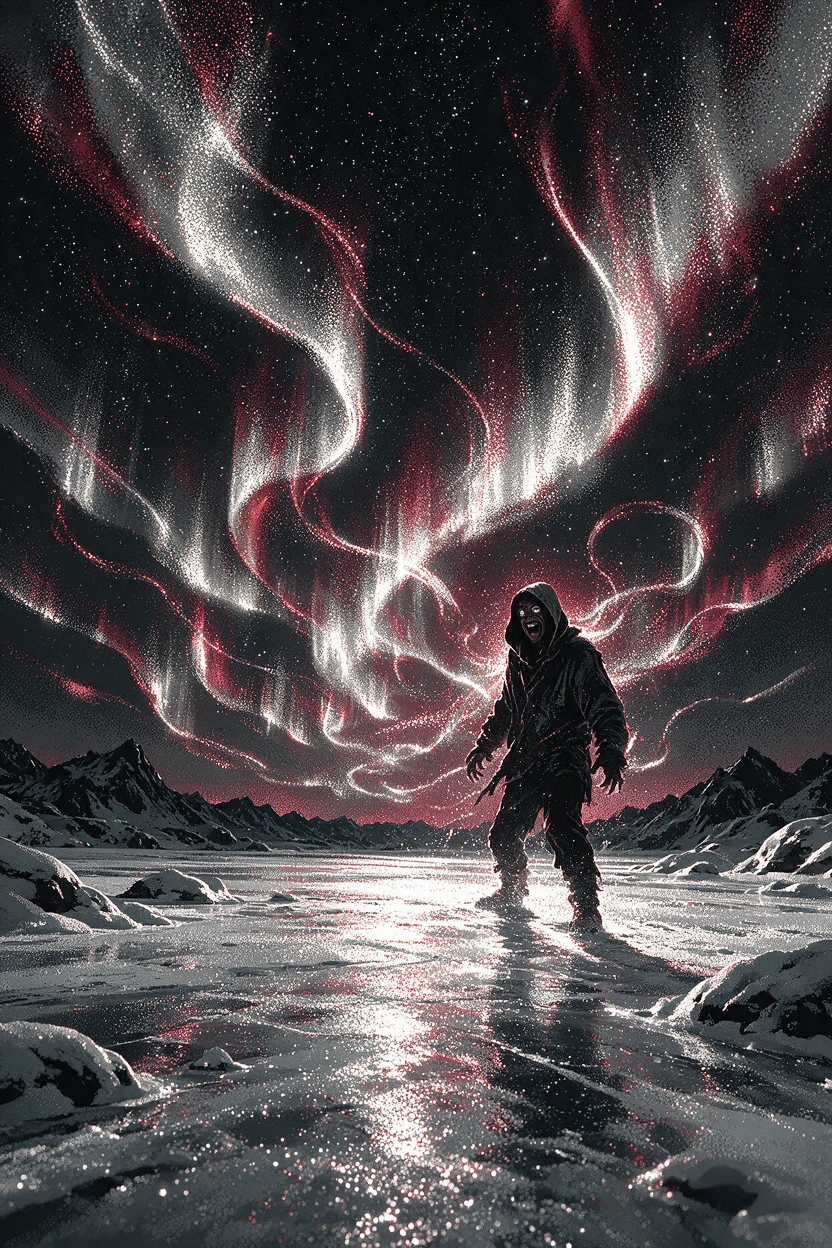 Uomo incappucciato sotto un’aurora luminosa su paesaggio ghiacciato