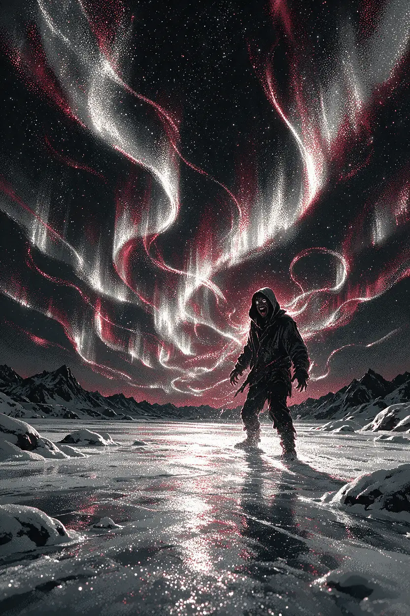 Kapuzengestalt unter leuchtender Aurora über eisiger Landschaft