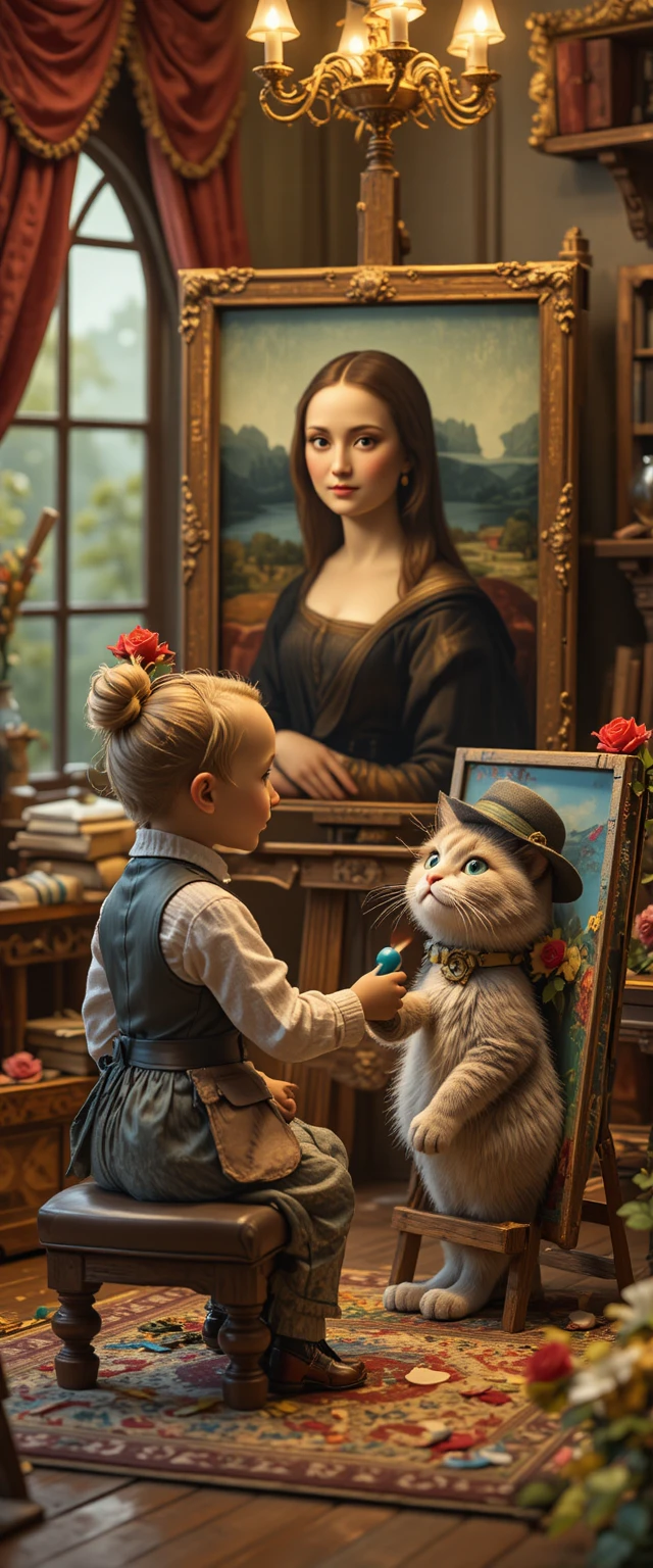 Gato artista fofinho pintando uma Mona Lisa felina no estúdio