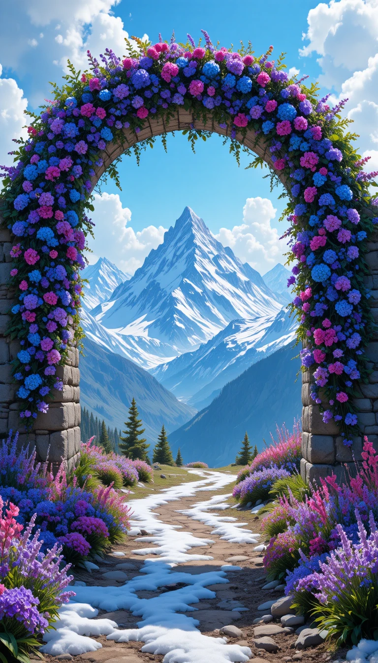 Arco de pedra emoldurando vista alpina com montanhas nevadas