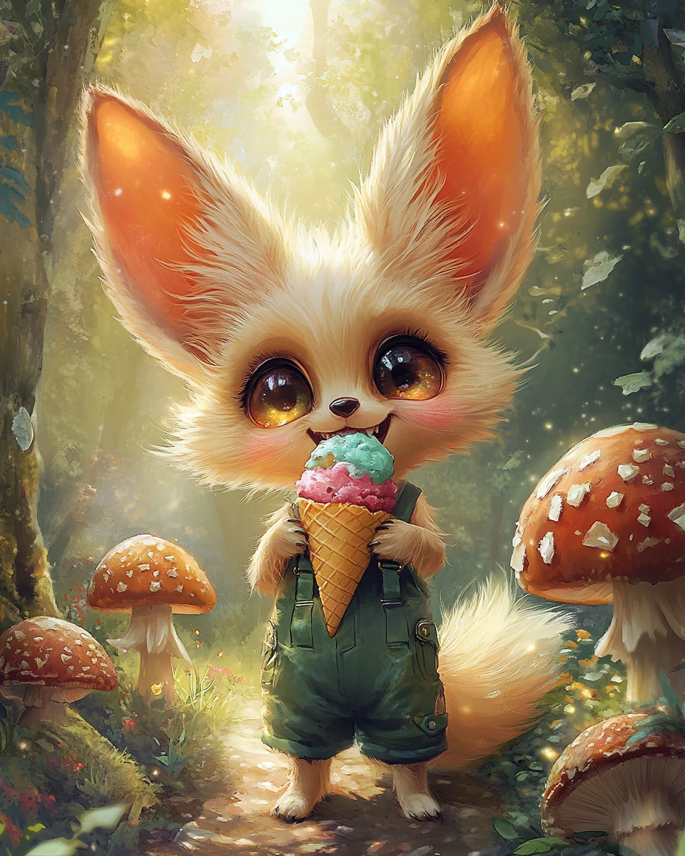 Adorável raposa‑feneco comendo sorvete em uma floresta mágica