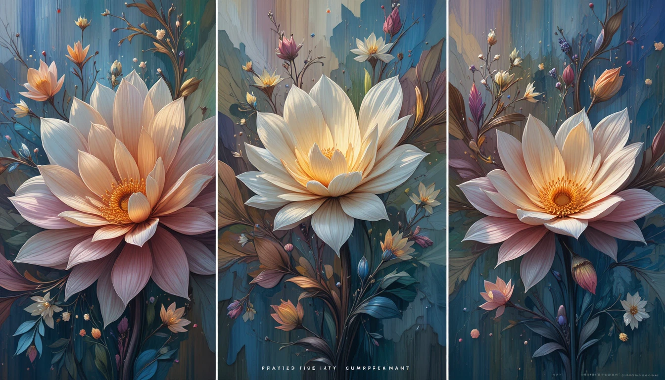 Surreales Triptychon aus leuchtenden abstrakten Blütenformen