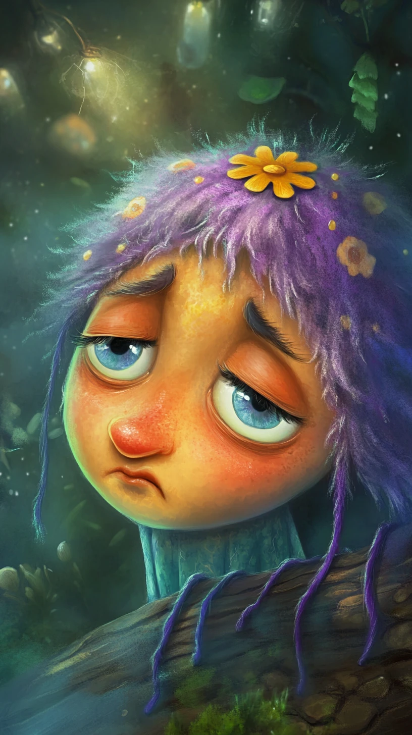 Sad purple cartoon monster with drooping braid like fur