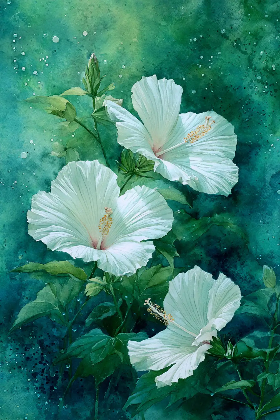 Weiße Hibiskusblüten treiben in smaragdgrüner Aquarellabstraktion