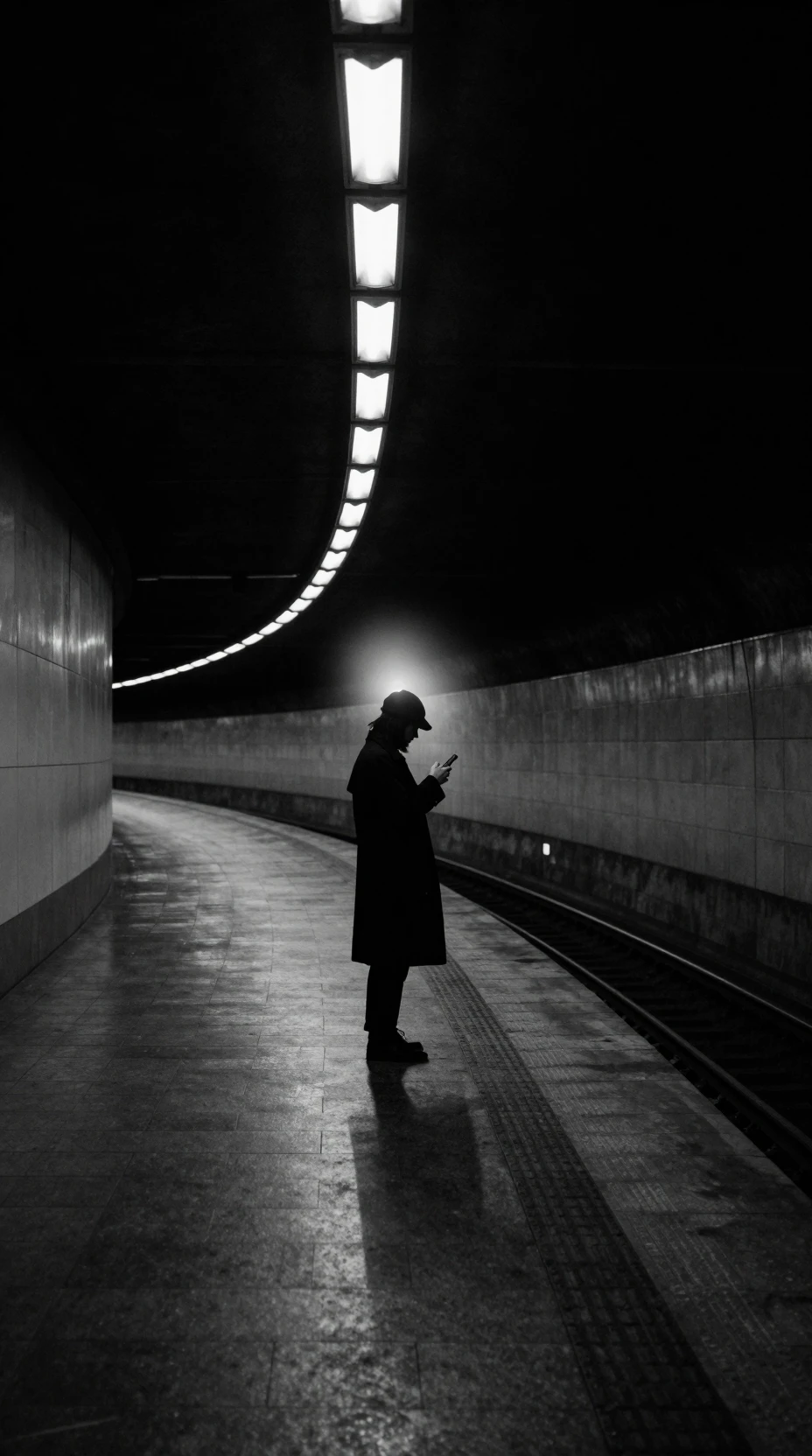 Silhouette solitaire sur un quai de métro courbe la nuit