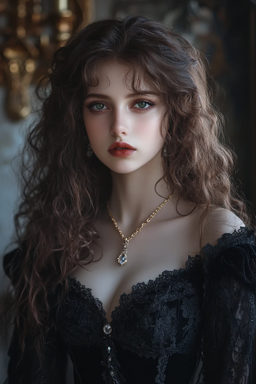 Ethereal gothic woman in an ornate dim interior