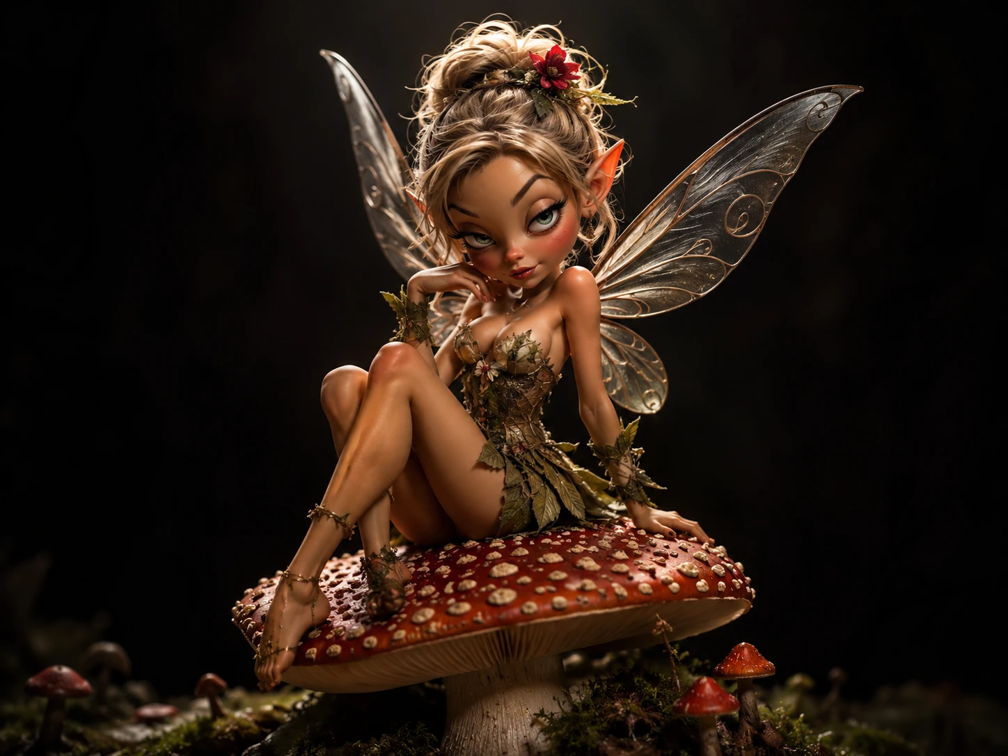 Fée séductrice posant avec un champignon sous une lumière dramatique
