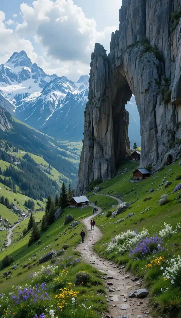 Vista em plongée através de um arco de pedra sobre vale alpino