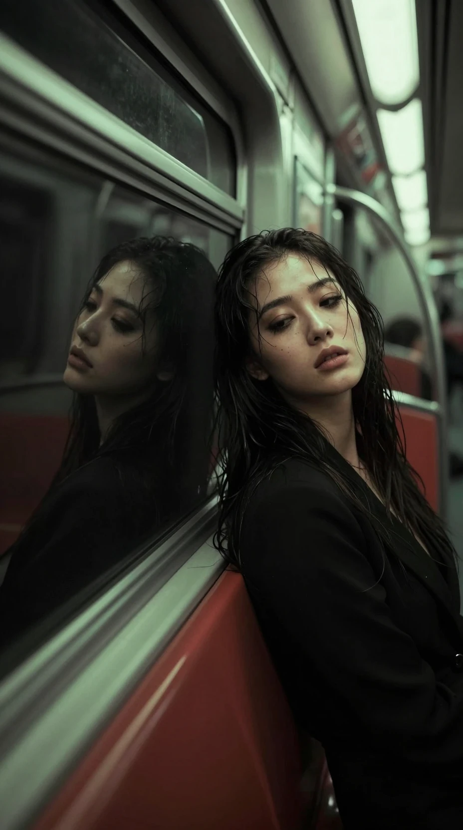 情緒低迴的年輕女子在陰鬱地鐵車窗中的倒影