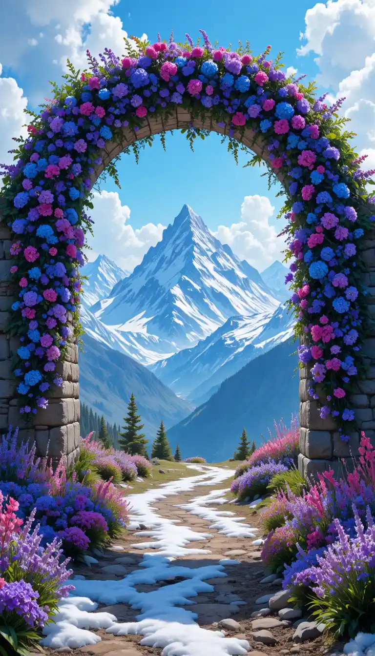 Arco de pedra emoldurando vista alpina com montanhas nevadas