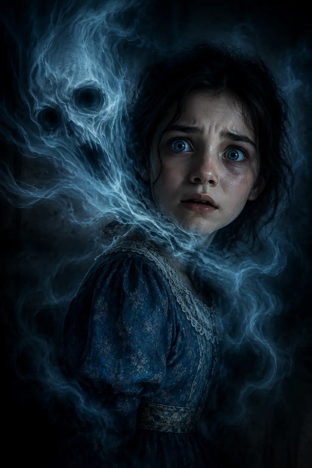 Terrified girl with ghostly smoke emerging from her neck