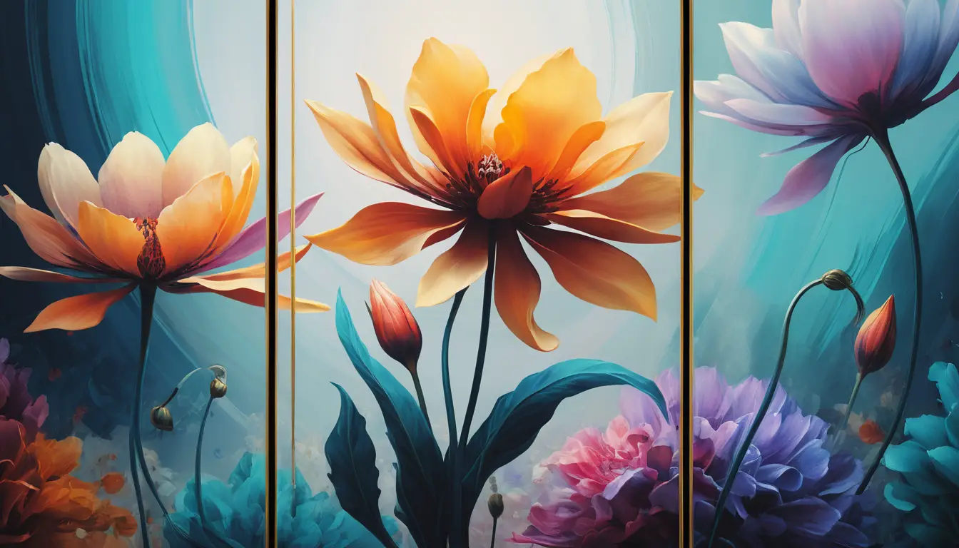 Triptyque numérique surréaliste de formes florales abstraites lumineuses