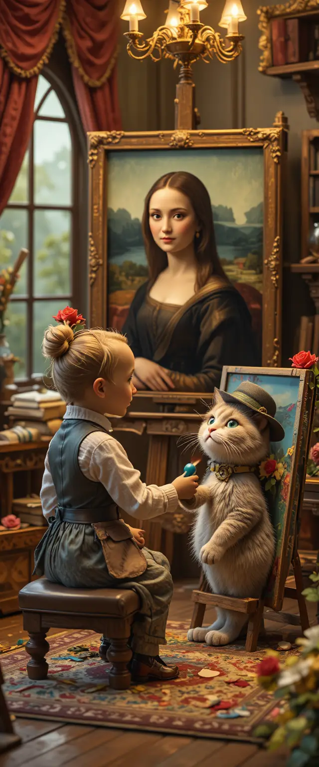 Chat artiste duveteux peignant une Mona Lisa féline en studio