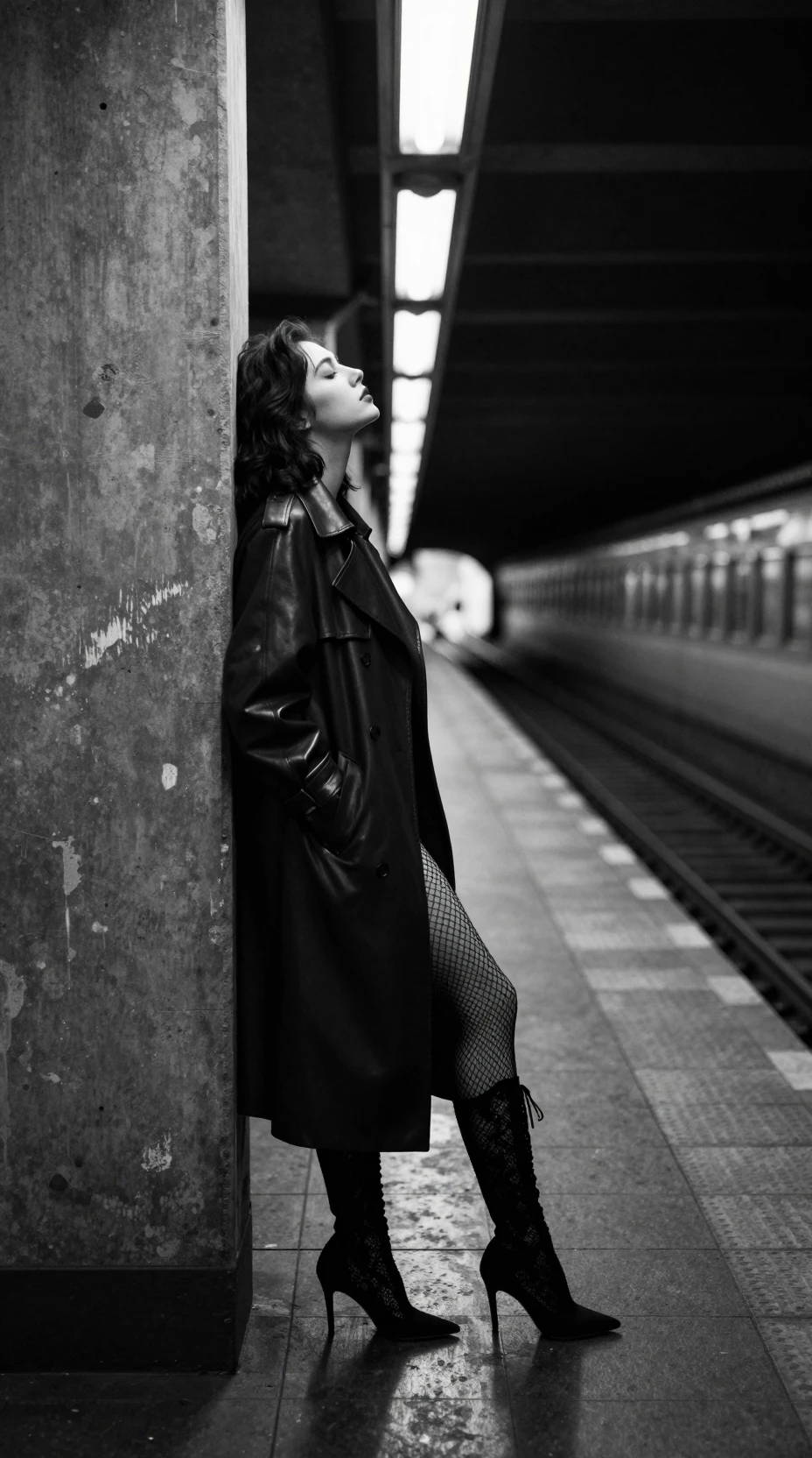 Woman in trench coat alone on a deserted subway platform