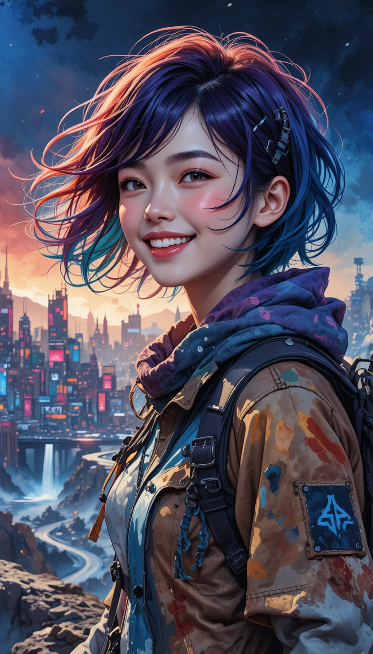 Viaggiatrice allegra in stile anime davanti a una città futuristica