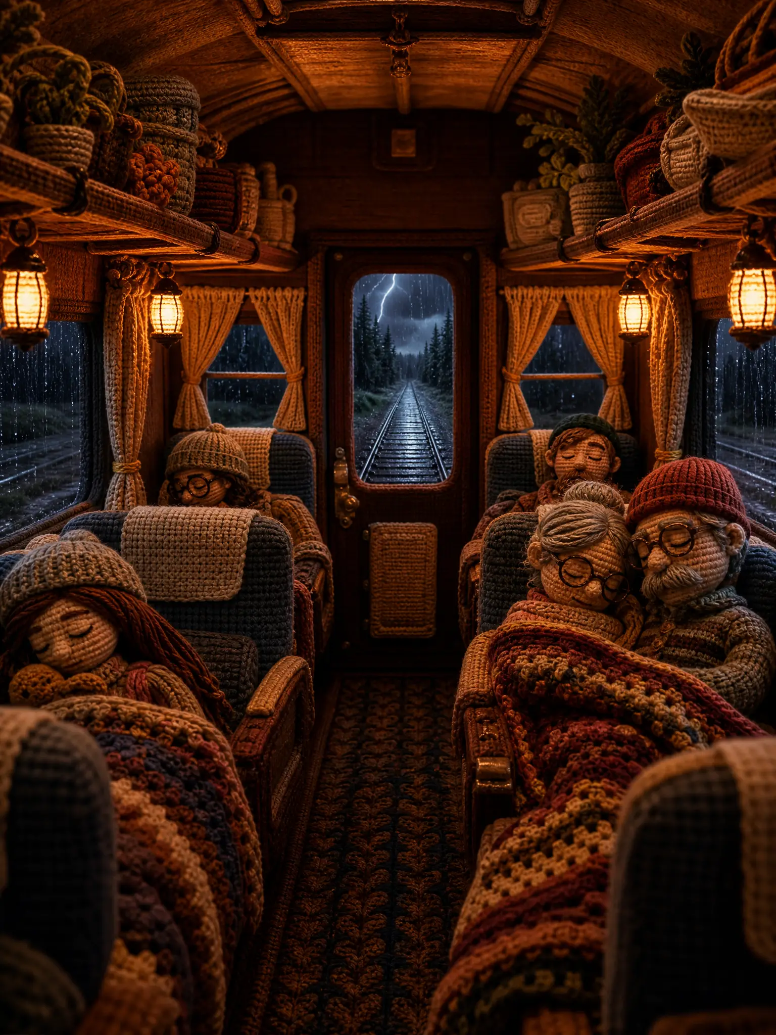 Accogliente cabina letto all’uncinetto su un treno in una notte tempestosa