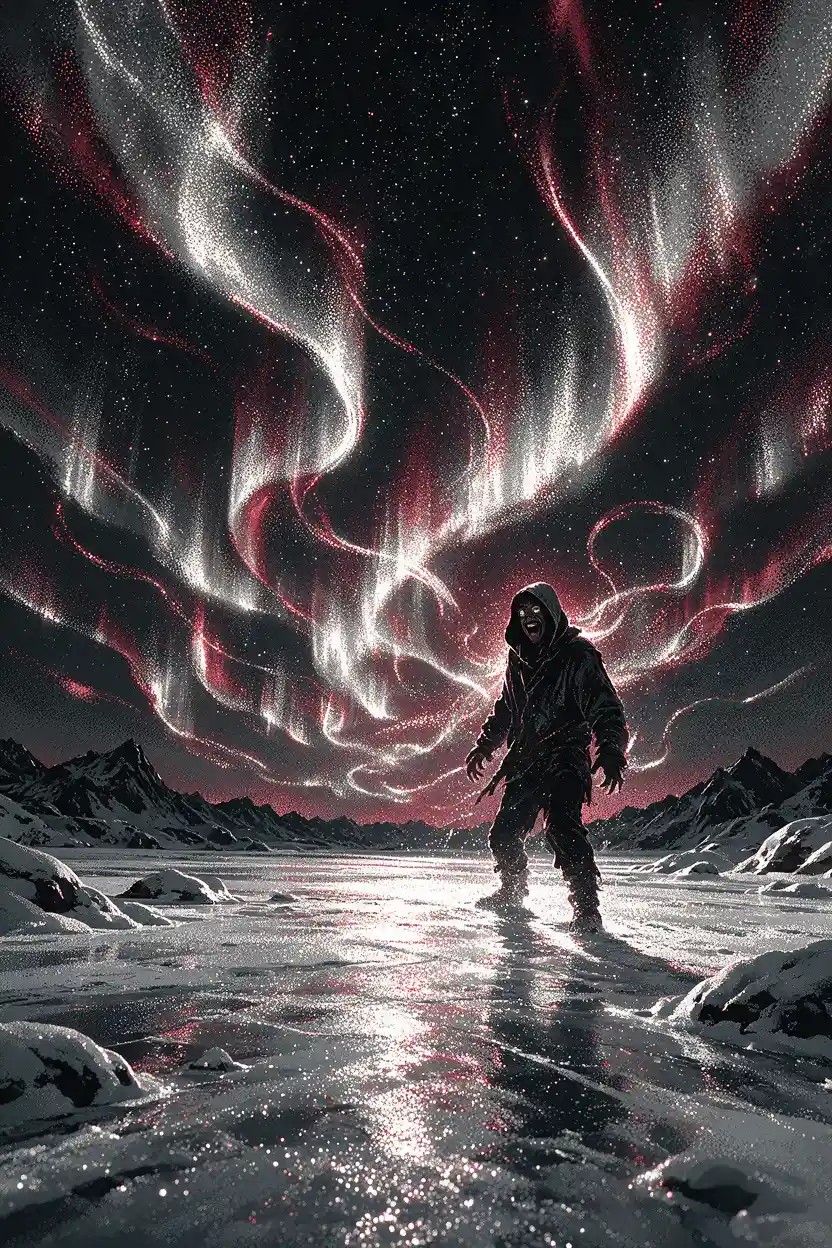 Uomo incappucciato sotto un’aurora luminosa su paesaggio ghiacciato
