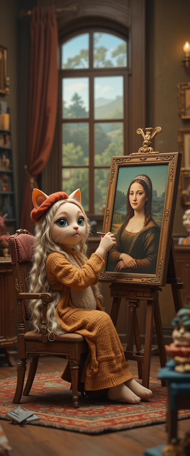 Verspielte Katzen malen ein Mona-Lisa-Porträt im Vintage-Atelier