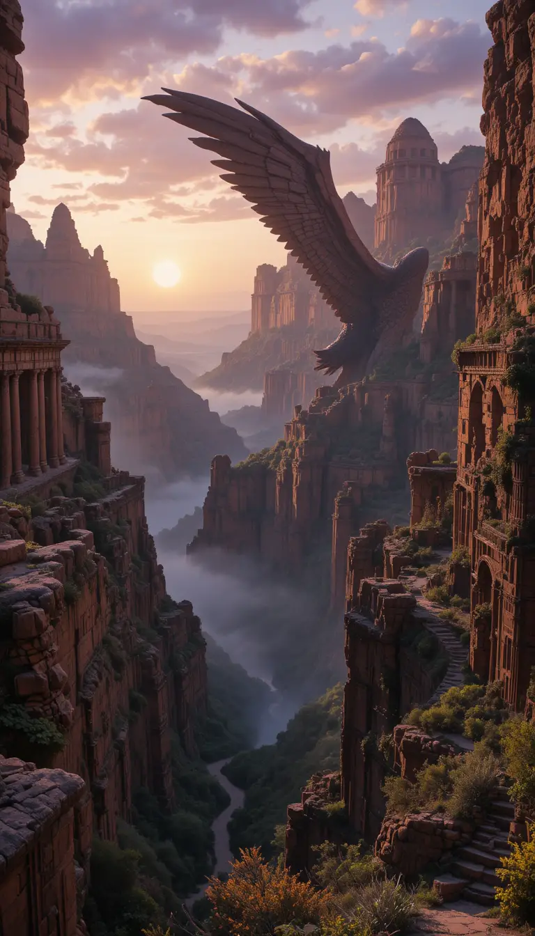 Kinematische Canyonlandschaft mit flügelartigen Klippen bei Sonnenuntergang