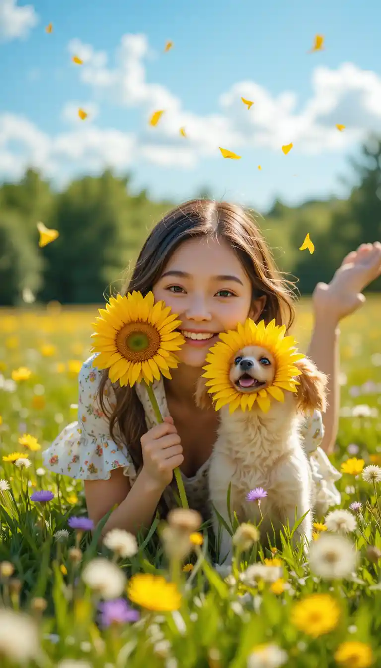 Jeune fille souriante avec un petit chien dans une prairie d’été ensoleillée