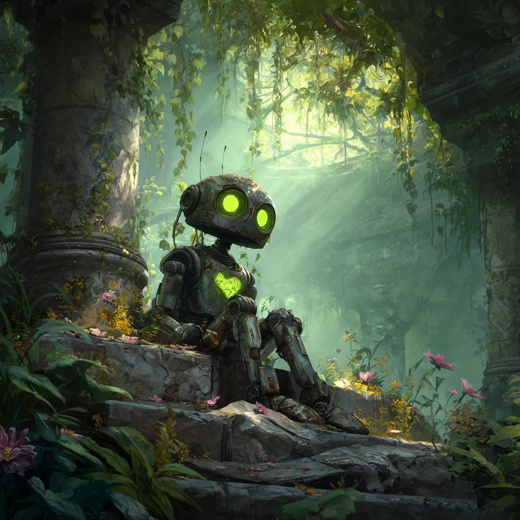 Cyborg en trono de piedra en templo de fantasía cubierto de vegetación