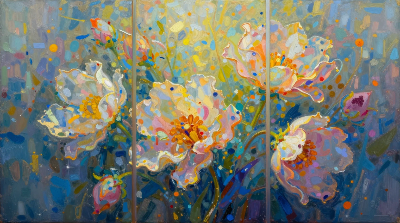 Tríptico de flores luminosas abstratas em pintura digital surreal