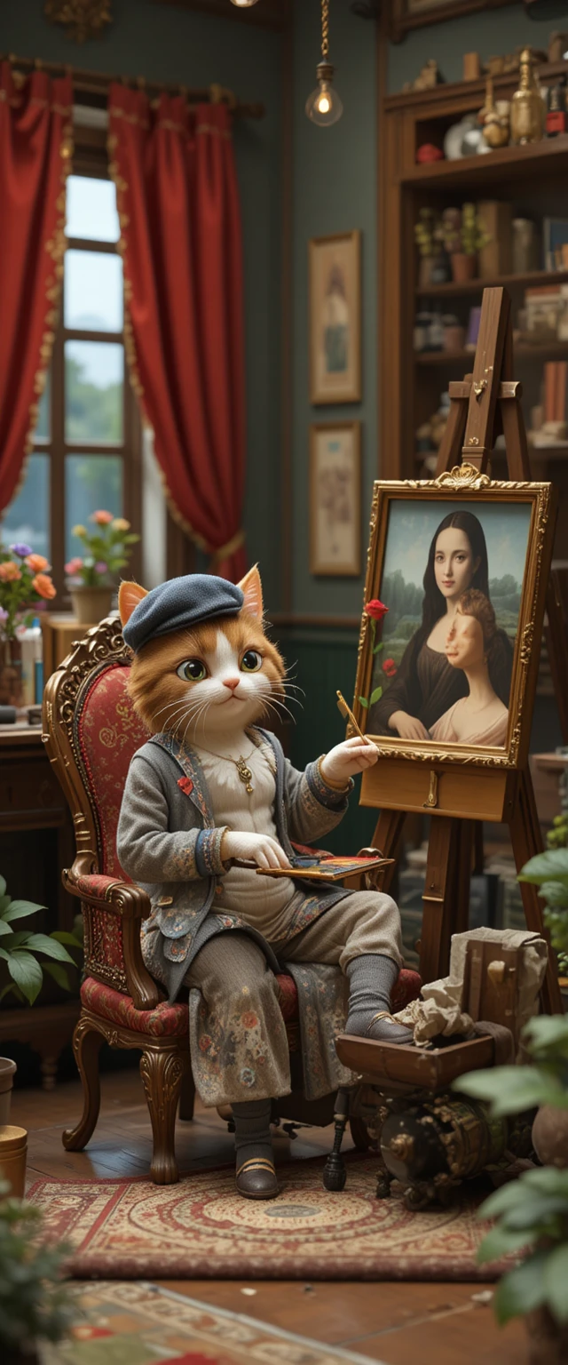 Gato peludo pintor criando a Mona Lisa em estúdio aconchegante