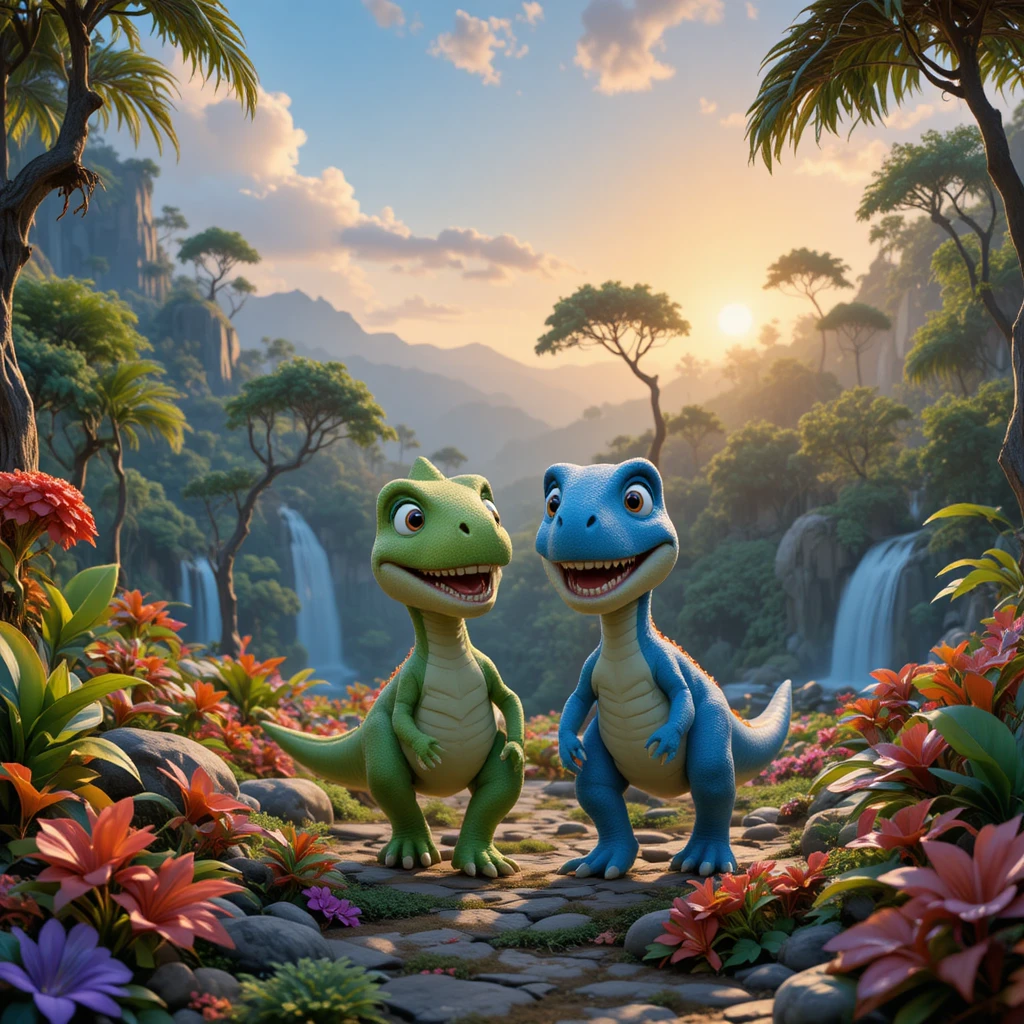Dinossauros fofos caminhando em uma selva pré-histórica colorida ao nascer do sol