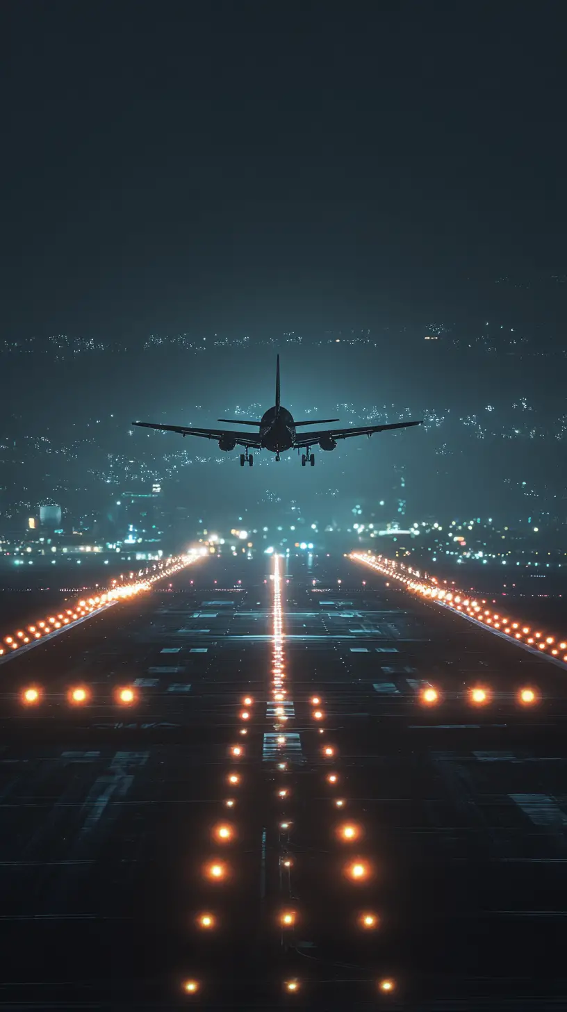 Cinematic jet taking off over glowing runway at night