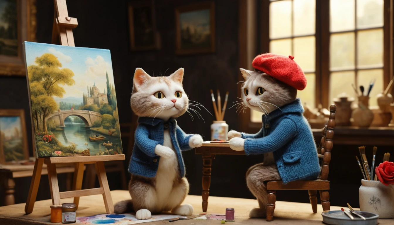 Gatto artista soffice che dipinge una Monna Lisa felina in studio