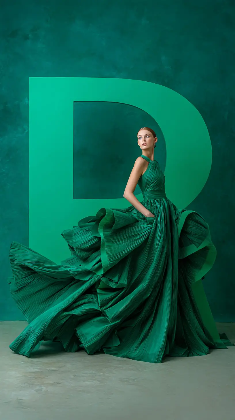 Poster editoriale di moda verde smeraldo con tipografia audace