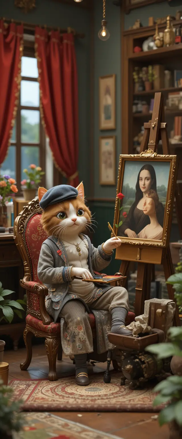 Fluffy Cat Painter Creating Mona Lisa In Cozy Studio