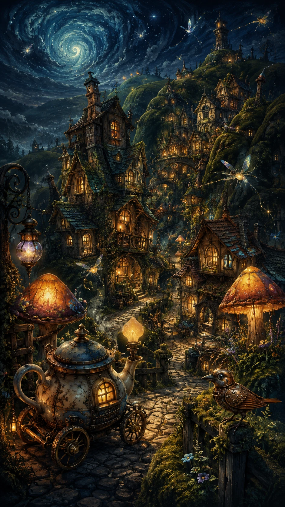 Village fantastique féerique brillant sous un ciel nocturne sombre et mystérieux