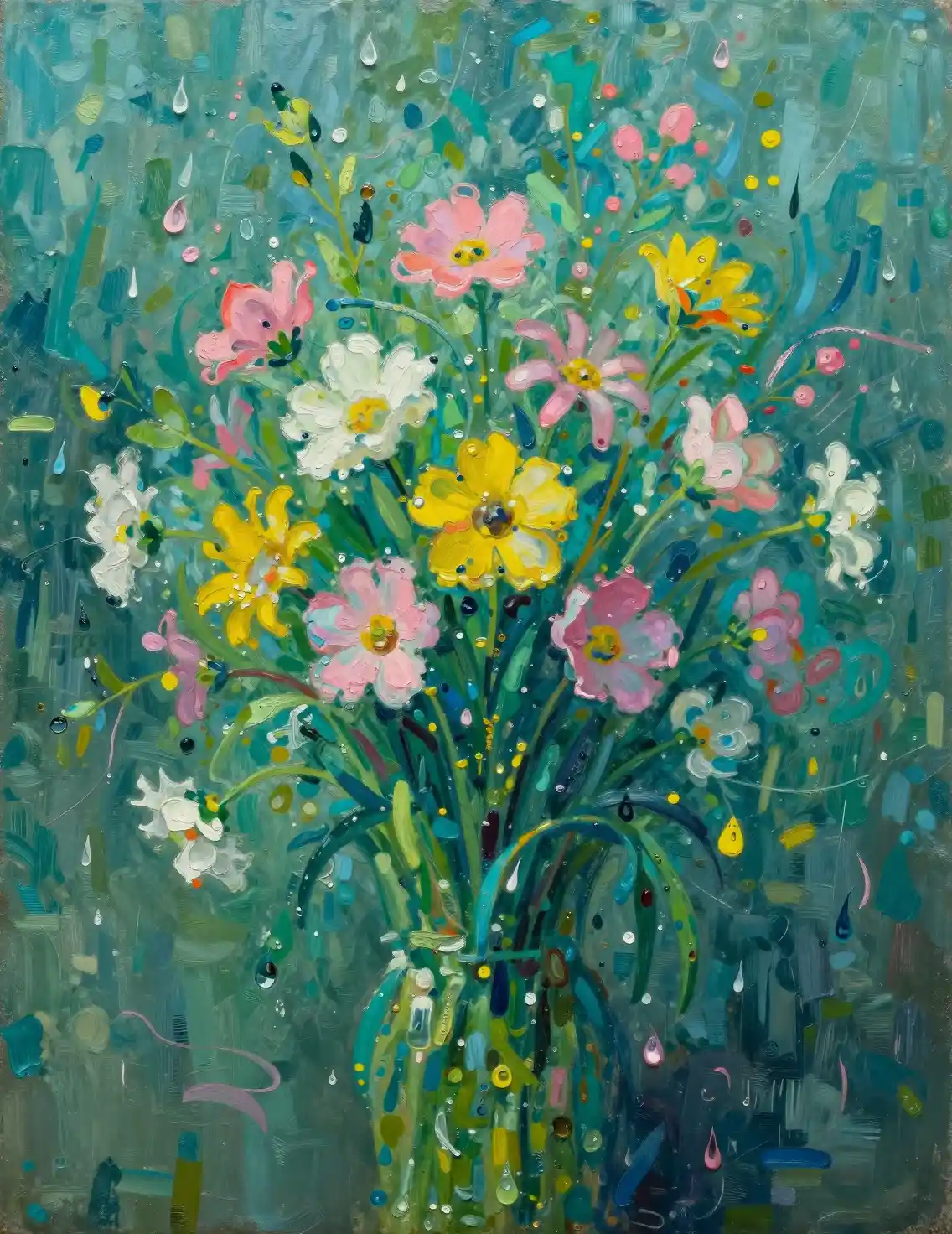 Abstract wildflower bouquet dancing in the rain