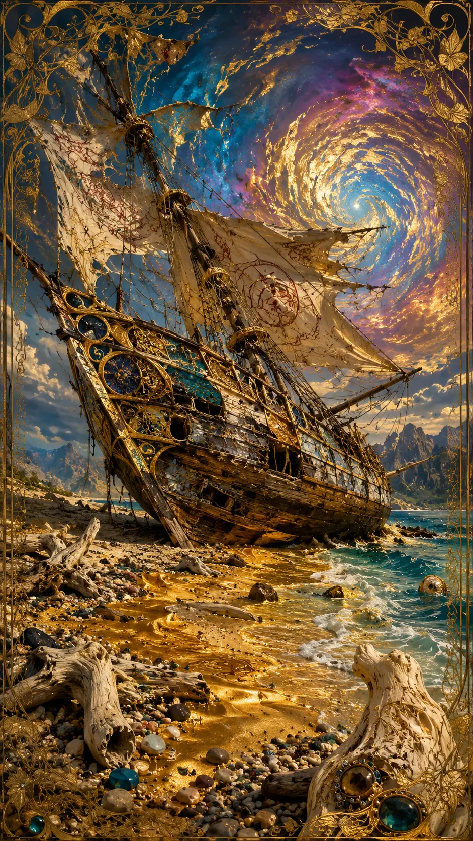 超現實的失事帆船在發光夢幻的海岸邊