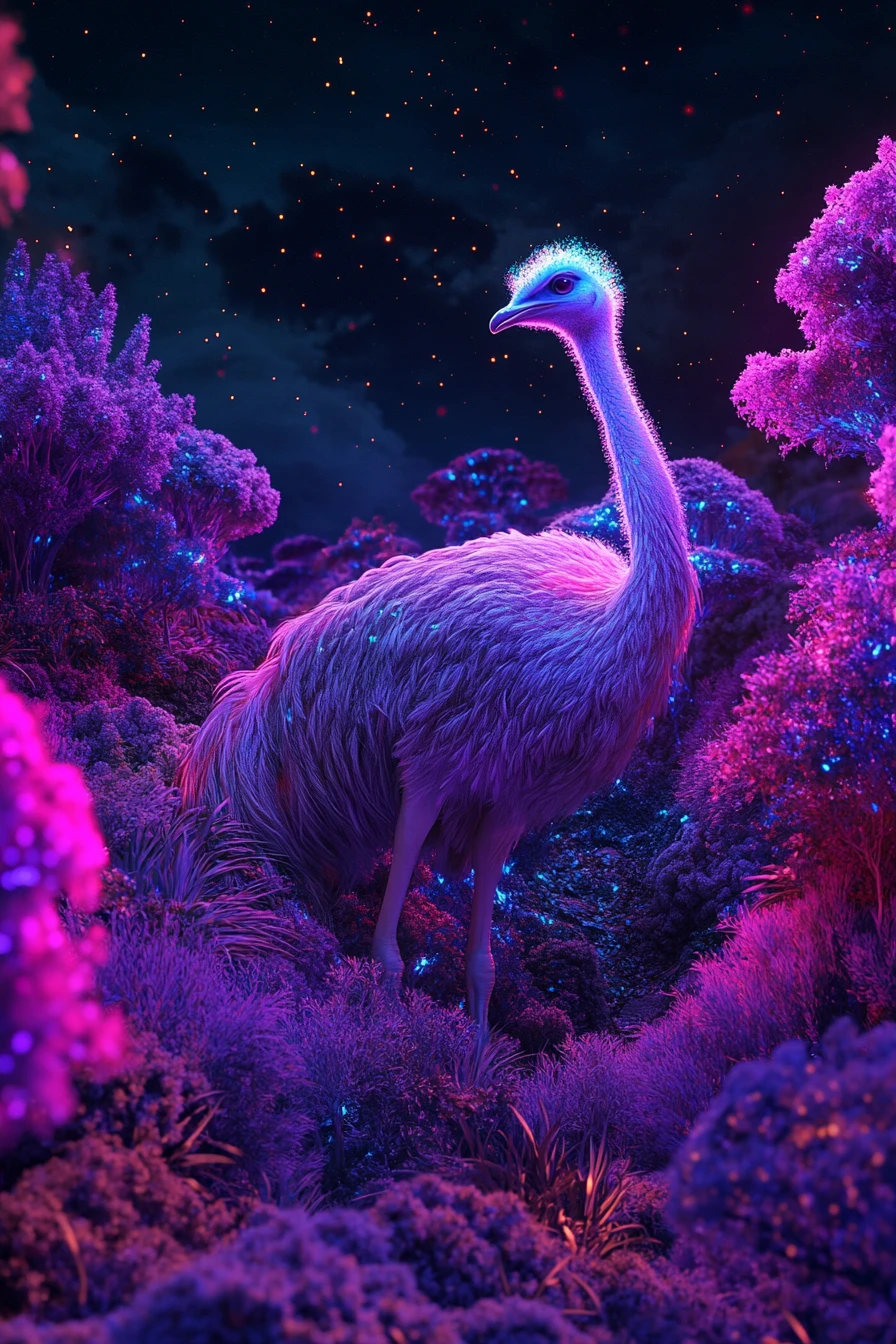Agradable avestruz en un valle de fantasía bioluminiscente y resplandeciente