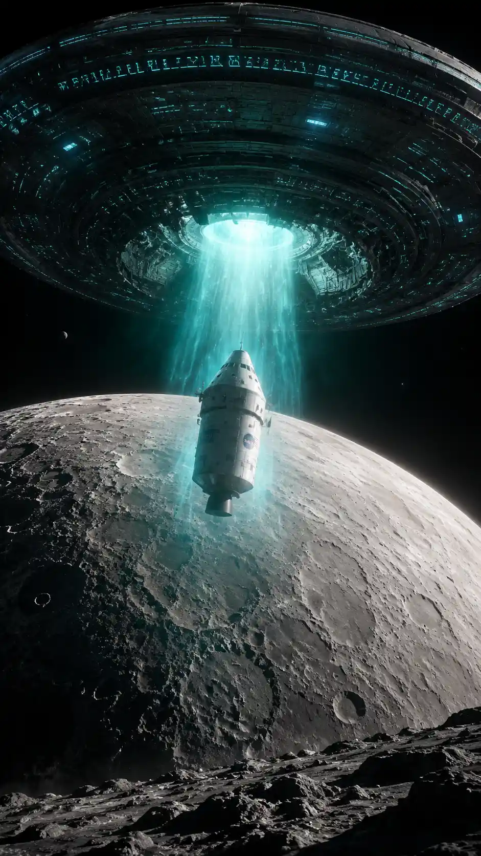 Artemis spacecraft captured by vast alien saucer over moon