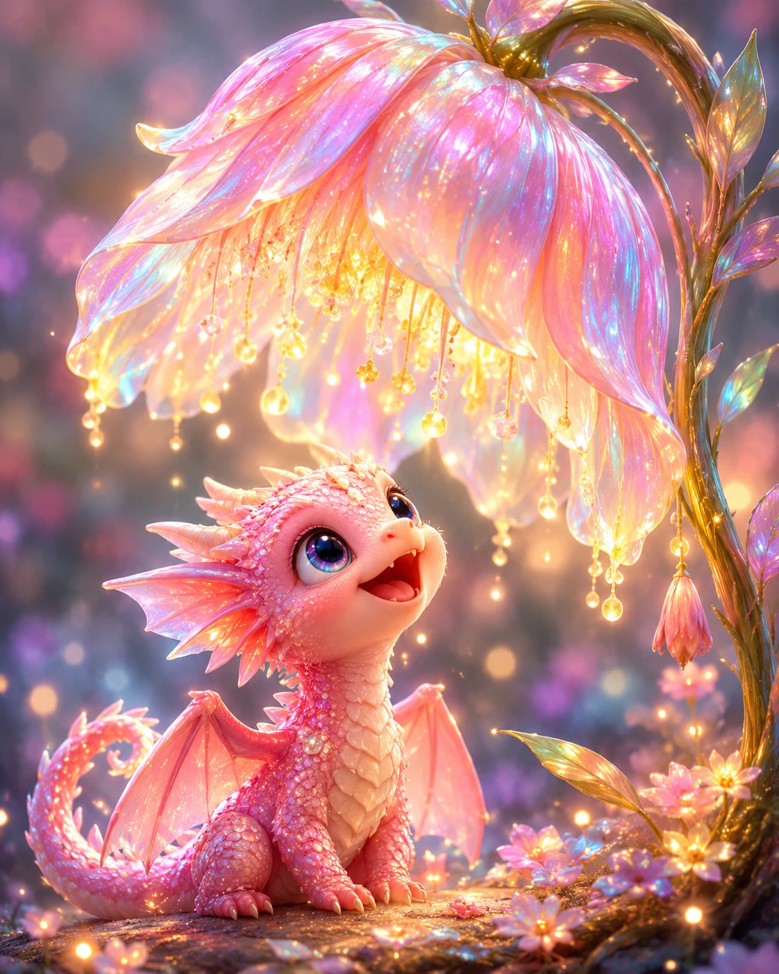 Enchanted Baby Dragon Under Glowing Iridescent Flower