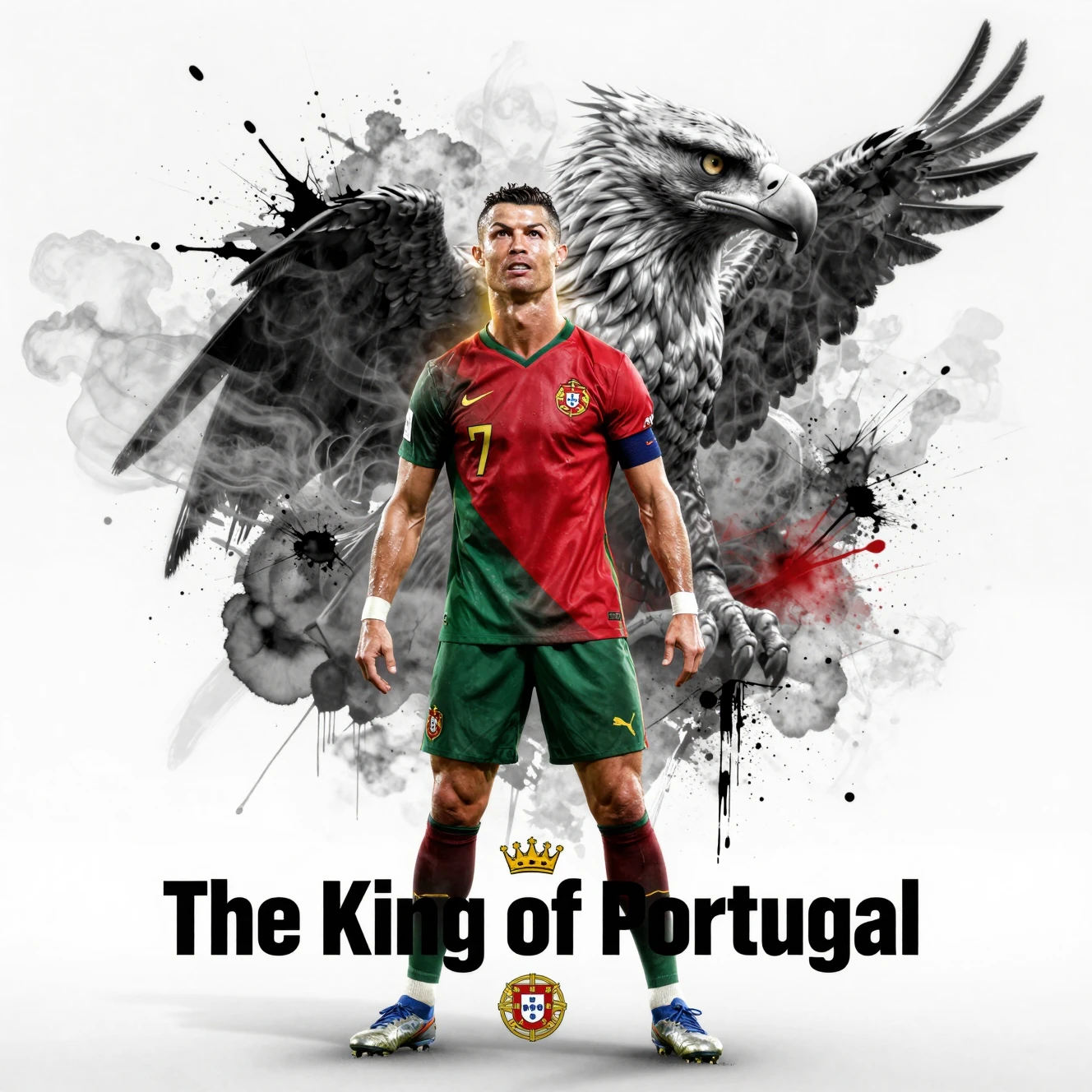 Cristiano Ronaldo mit Adlergeist vor abstraktem Flaggenhintergrund
