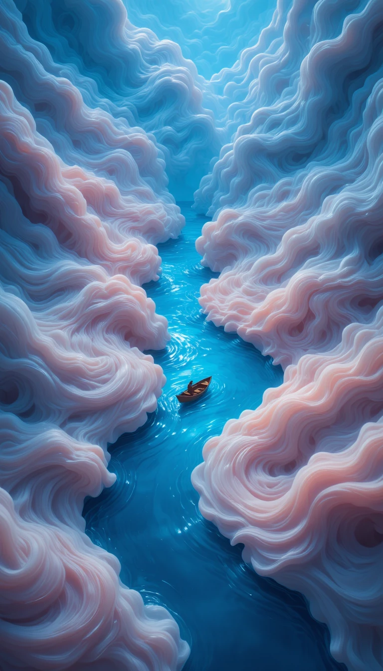 流れる青い絹の川に浮かぶ一艘の小舟
