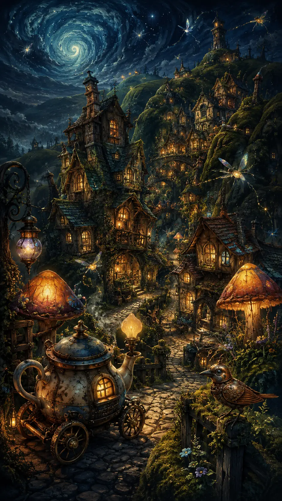 Verspieltes Fantasy-Dorf, das unter einem stimmungsvollen Nachthimmel leuchtet