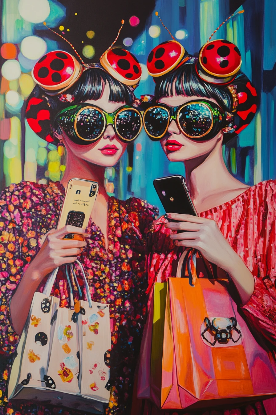 Due coccinelle fashioniste che fanno shopping in una boutique surreale