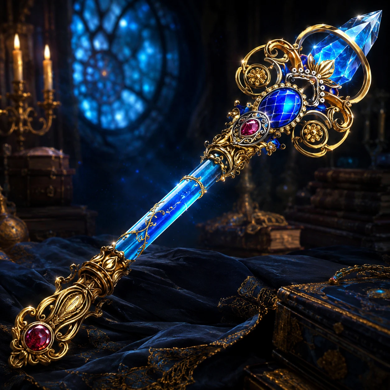 Sceptre fantastique ornementé avec manche bleu lumineux et gemmes