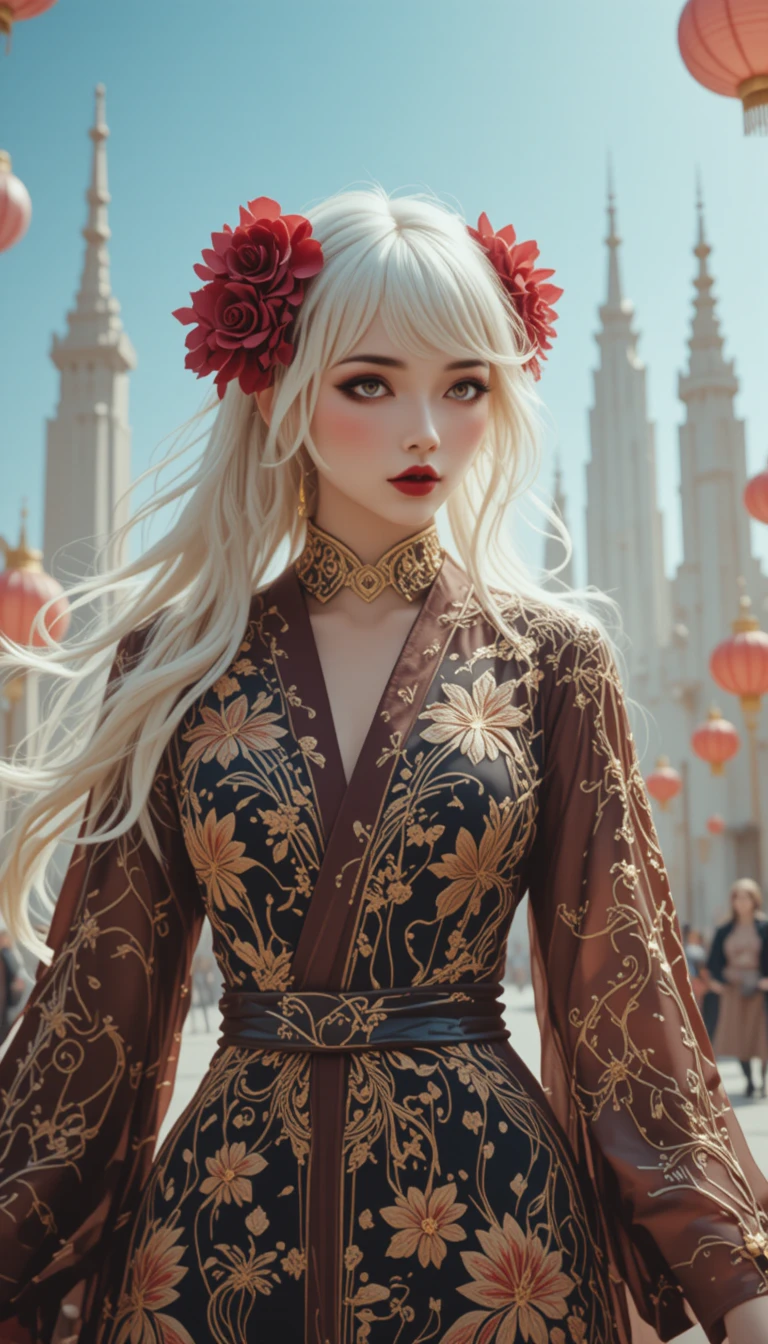 Femme aux cheveux blancs en robe de soie dans une ville futuriste baignée de soleil